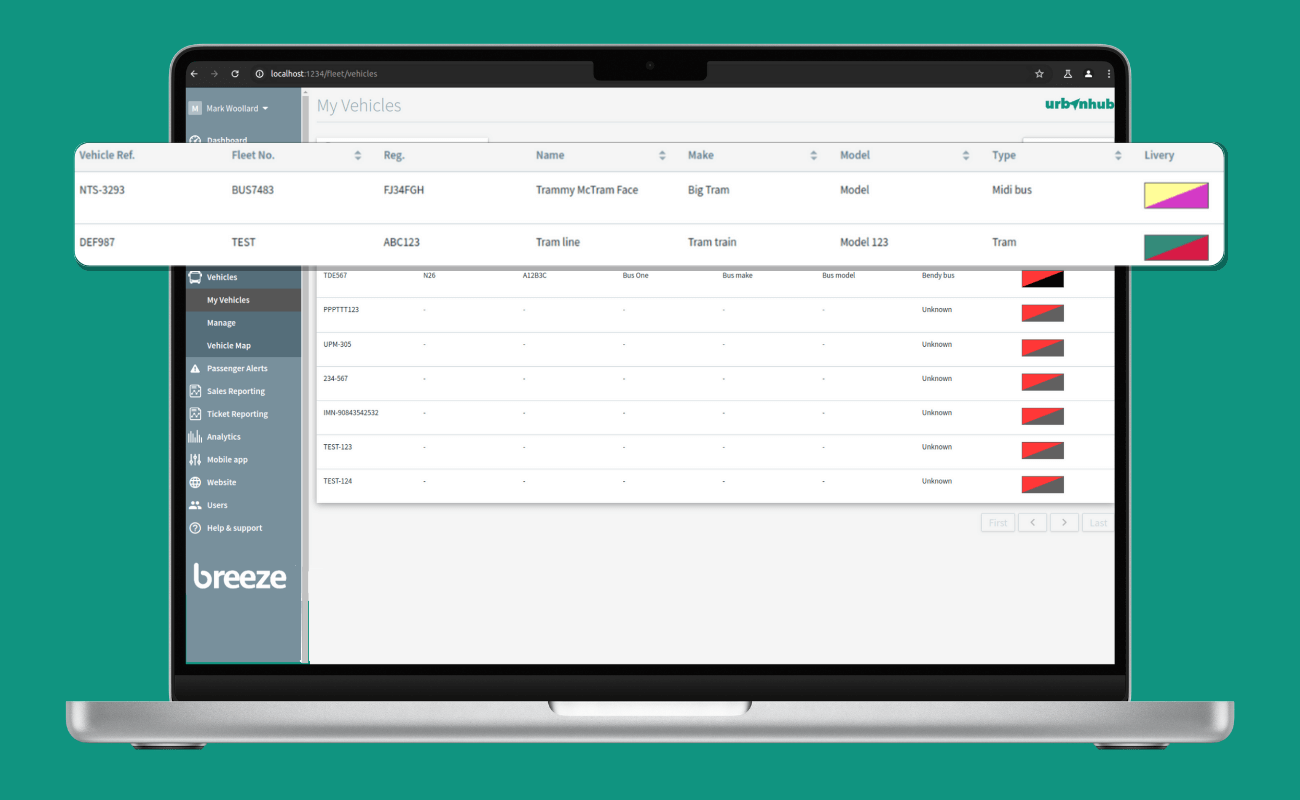 Macbook screenshot of My Vehicles tab in URbanHUb. For operators' vehicle details
