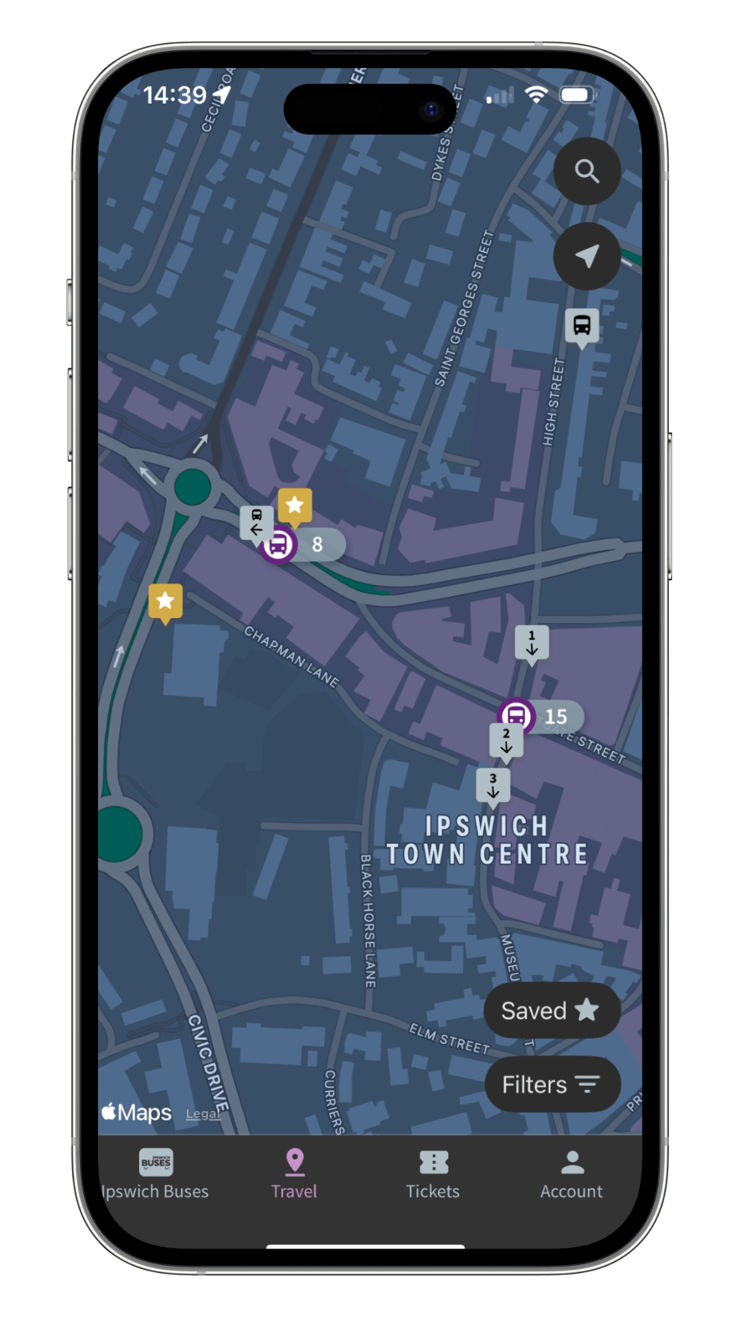 Dark mode screenshots showing  iPhone screenshot of area map within the app