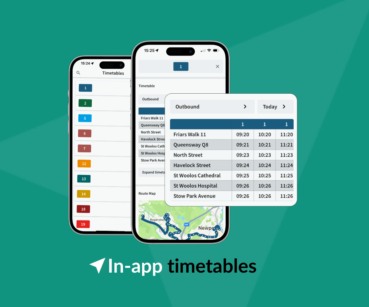 In-app timetables screenshots. On UT Green background