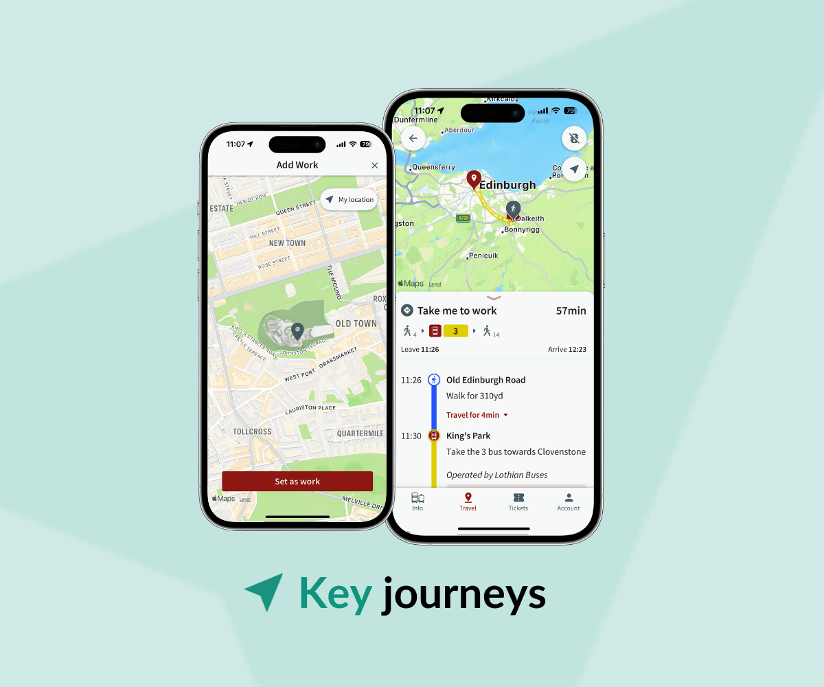 Two iphones showing Key journey screens on Lothian Bus App.